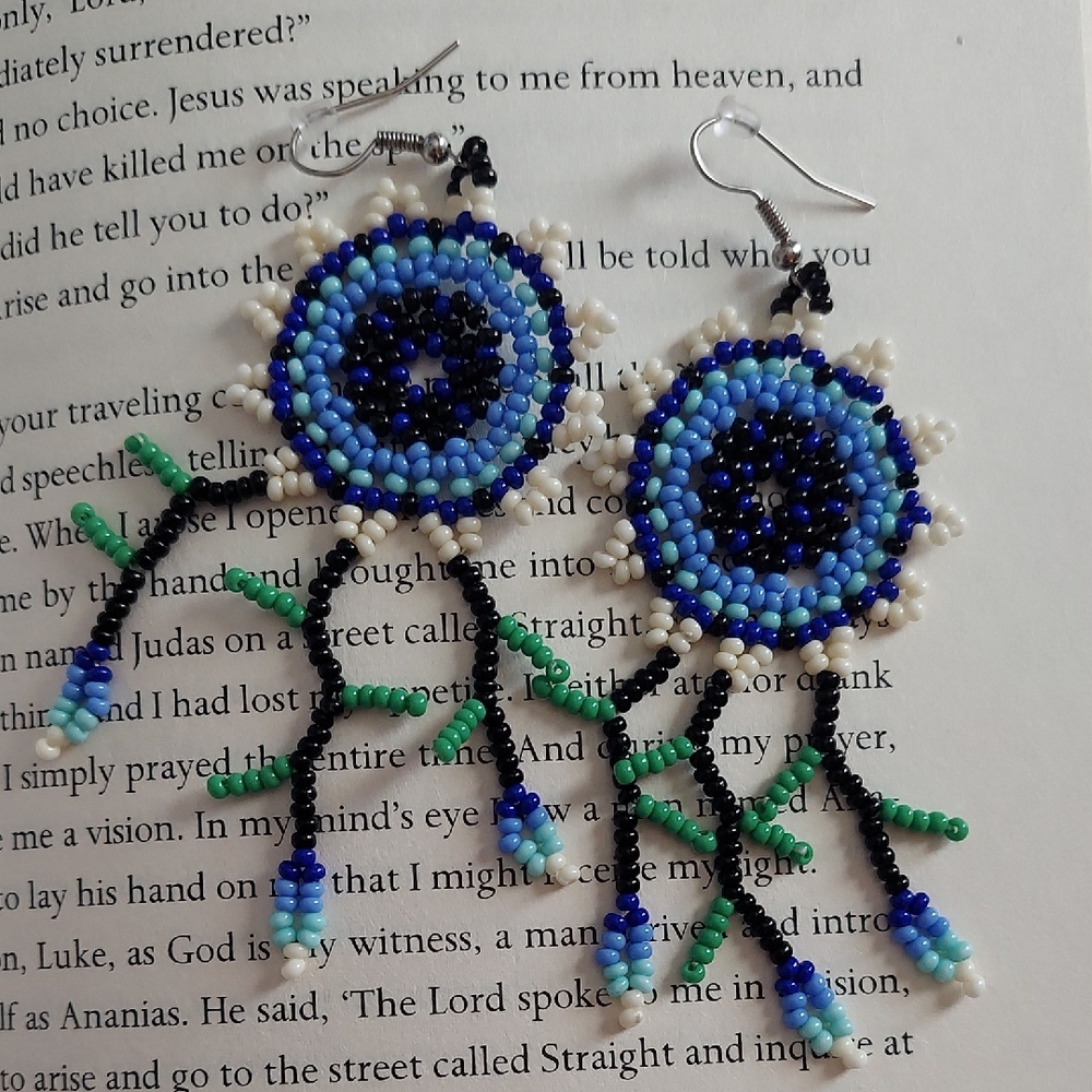 Handmade Seed Bead Dangle Flower Earrings & Bracelet Set - Picture 2 of 8
